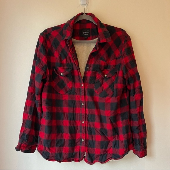 JACHS Girlfriend Buffalo Plaid Sherpa Flannel Jacket M Medium Cozy Cotton Lined - Picture 1 of 10
